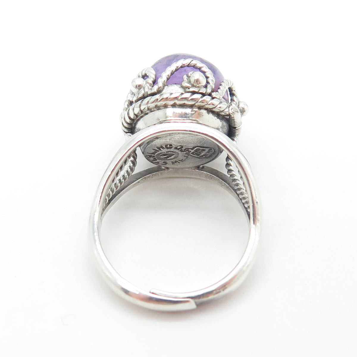 925 Sterling Silver Vintage Mexico Real Amethyst Gem Adjustable Ring Size 6.5