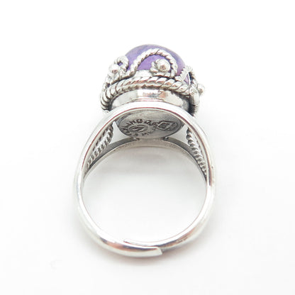 925 Sterling Silver Vintage Mexico Real Amethyst Gem Adjustable Ring Size 6.5