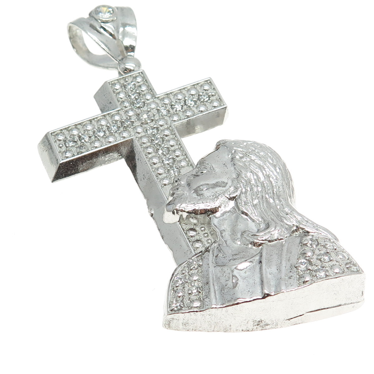 925 Sterling Silver Pave C Z Jesus Cross Religious Pendant