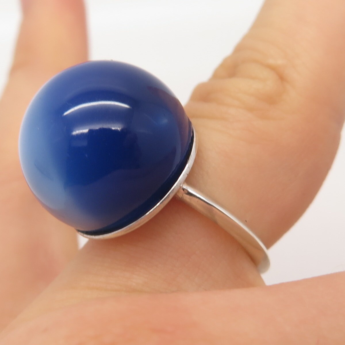 925 Sterling Silver Vintage Fiber Optic Cat's Eye Gem Round Domed Ring Size 5