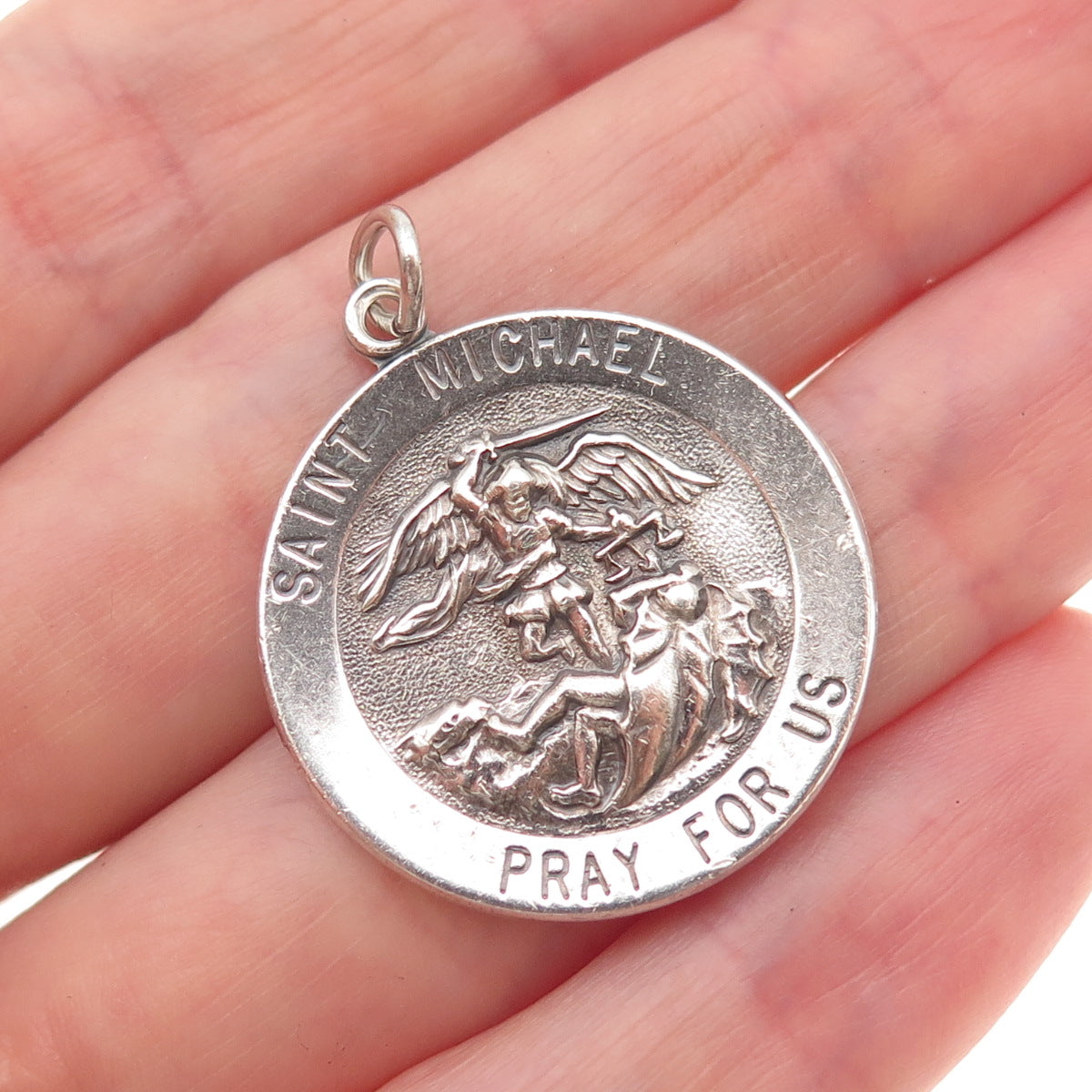 925 Sterling Silver Vintage St. Michael Medal Oxidized Charm Pendant