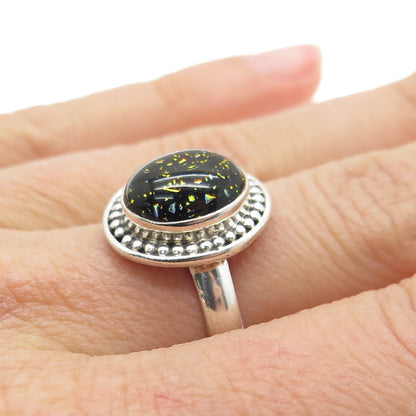 925 Sterling Silver Vintage Real Amber Beaded Ring Size 7.25