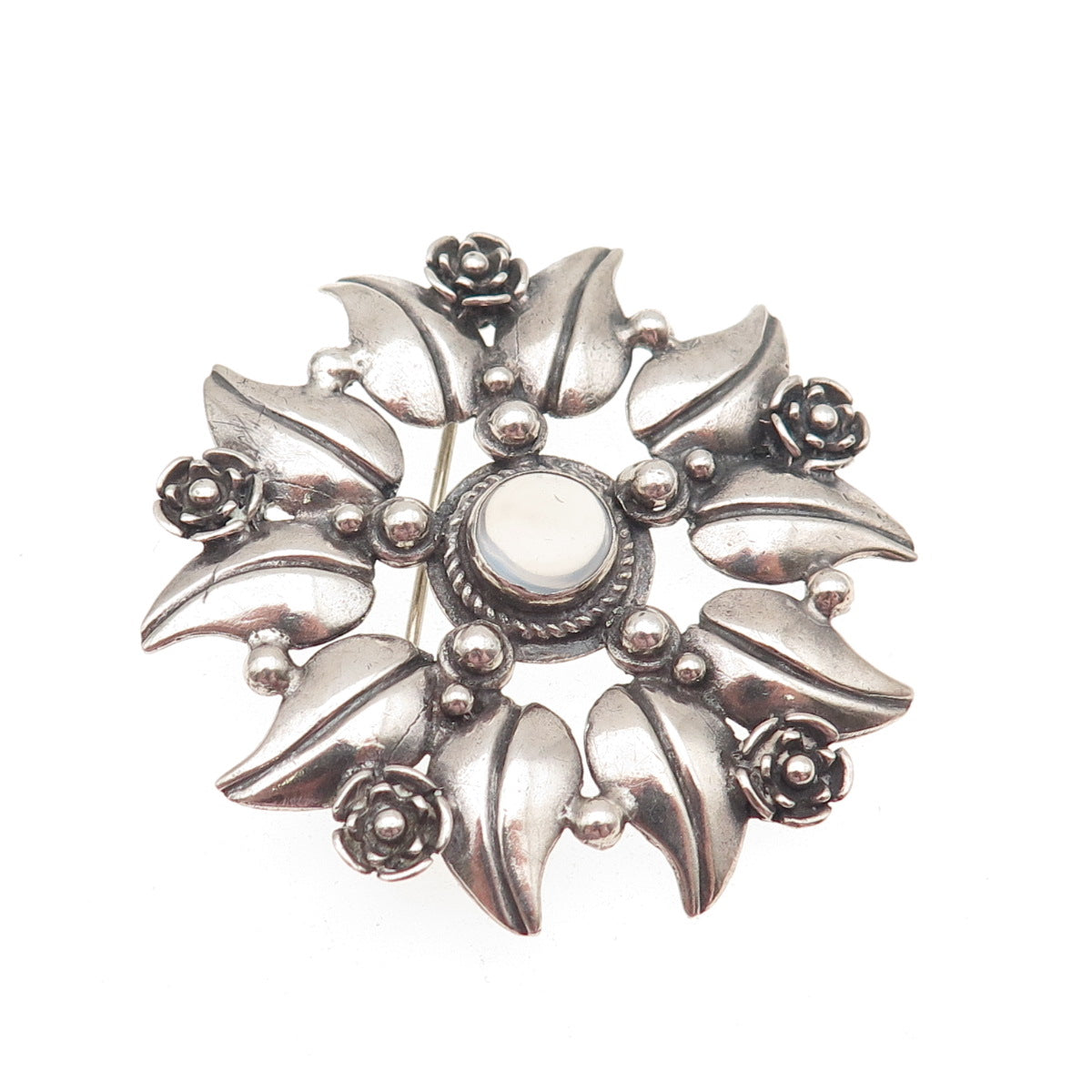 925 Sterling Silver Vintage Real Moonstone Floral Oxidized Pin Brooch