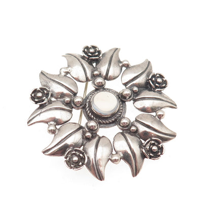925 Sterling Silver Vintage Real Moonstone Floral Oxidized Pin Brooch