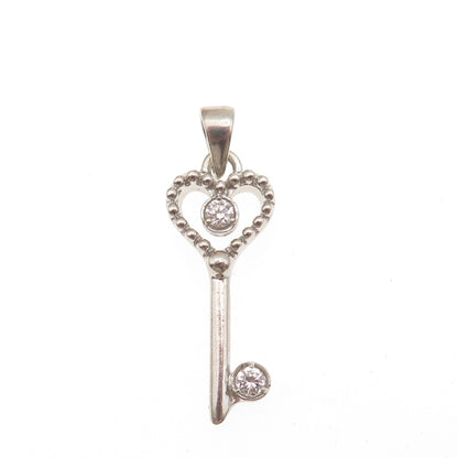 925 Sterling Silver Round-Cut C Z Heart Key Charm Pendant