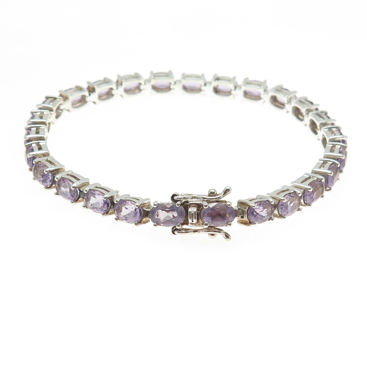 925 Sterling Silver Vintage Real Amethyst Gemstone Tennis Link Bracelet 7.25"