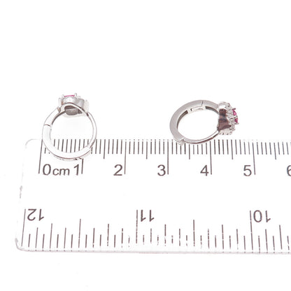 925 Sterling Silver Pink & White C Z Hoop Earrings