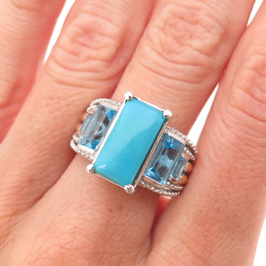 Chuck Clemency 925 Sterling Silver Real Turquoise & Blue Topaz Ring Size 8.25