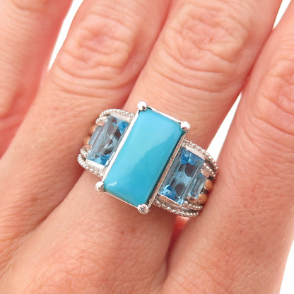 Chuck Clemency 925 Sterling Silver Real Turquoise & Blue Topaz Ring Size 8.25