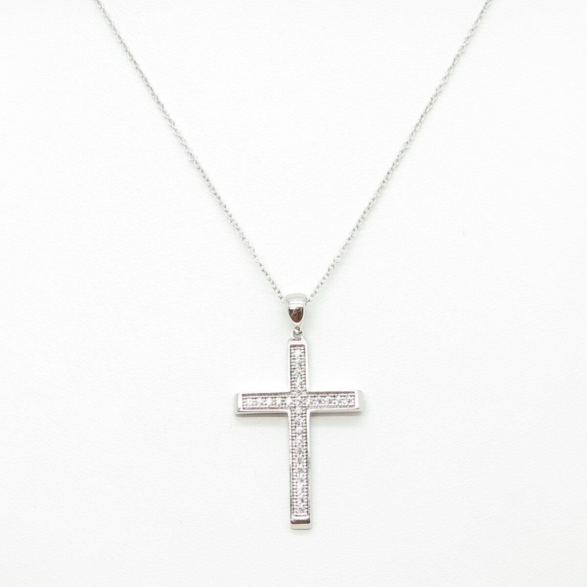 925 Sterling Silver Round-Cut C Z Cross Cable Chain Necklace 16-18"
