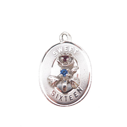 925 Sterling Silver Vintage Rhinestone Sweet 16 Flower Charm Pendant