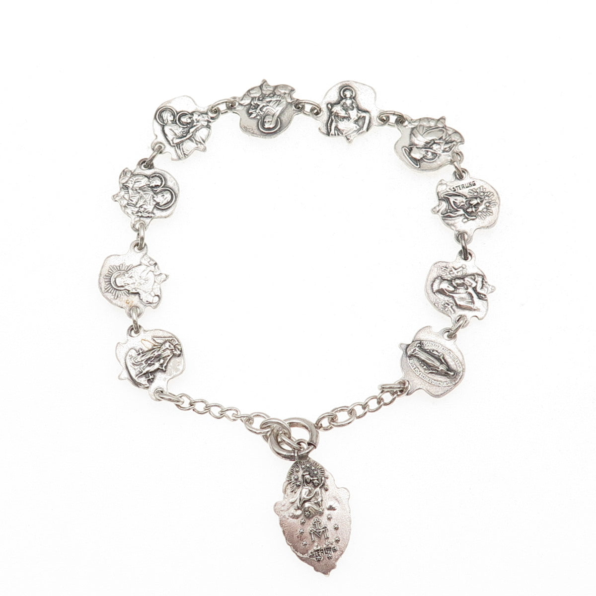 925 Sterling Silver Antique Art Deco Rose Catholic Saints Bracelet 7.5"