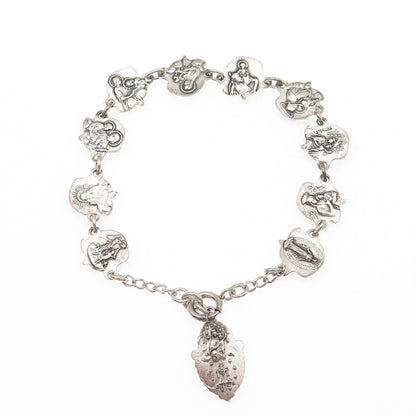 925 Sterling Silver Antique Art Deco Rose Catholic Saints Bracelet 7.5"