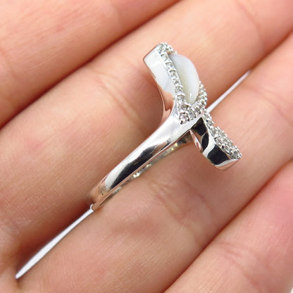 925 Sterling Silver Real Mother-of-Pearl & White Topaz Gem Ring Size 5.75