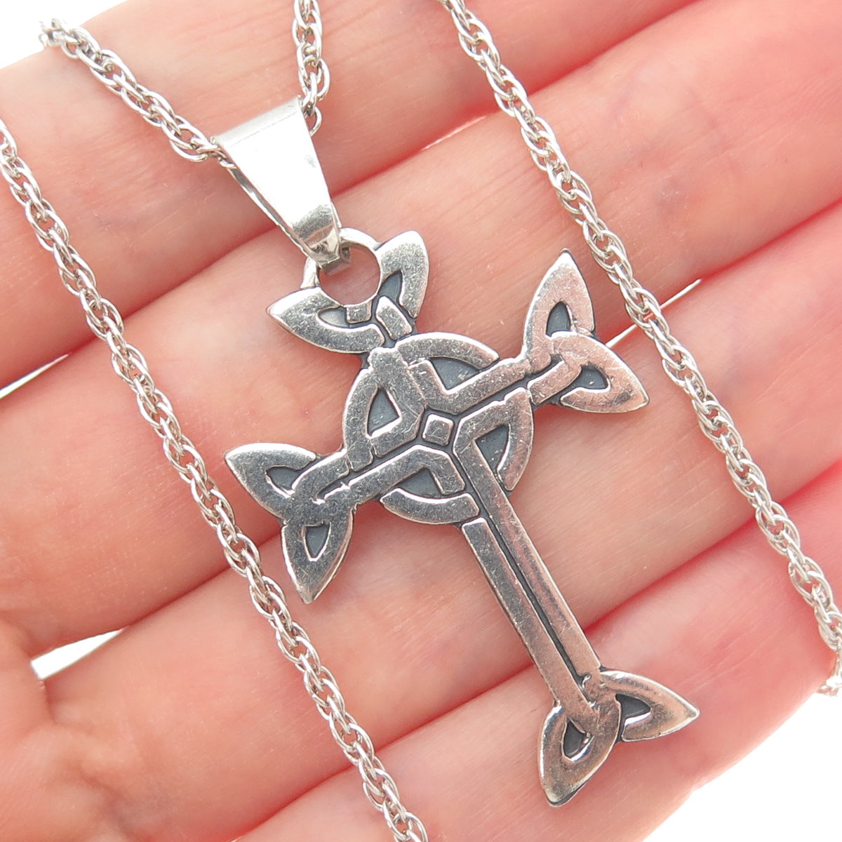 925 Sterling Silver Vintage Oxidized Celtic Cross Singapore Chain Necklace 20"