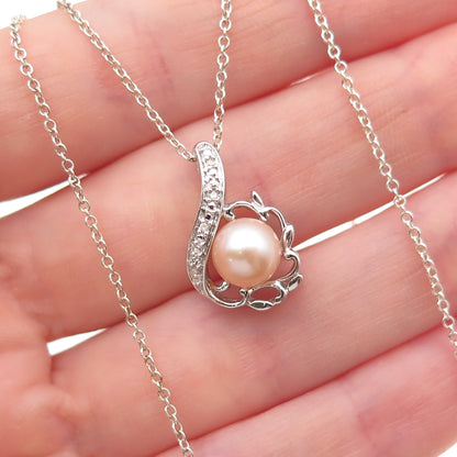 925 Sterling Silver Real Round-Cut Diamond & Pearl Cable Chain Necklace 18"