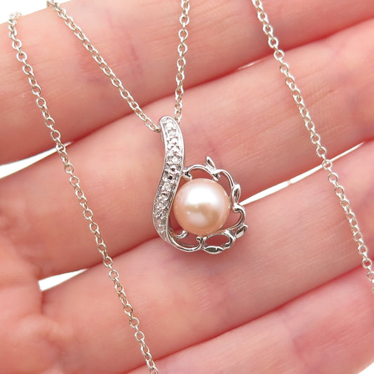 925 Sterling Silver Real Round-Cut Diamond & Pearl Cable Chain Necklace 18"