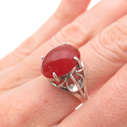 925 Sterling Silver Vintage Real Carnelian Modernist Oxidized Ring Size 6.25