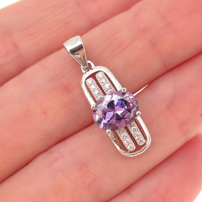 925 Sterling Silver Oval-Cut Purple & Round-Cut White C Z Charm Pendant