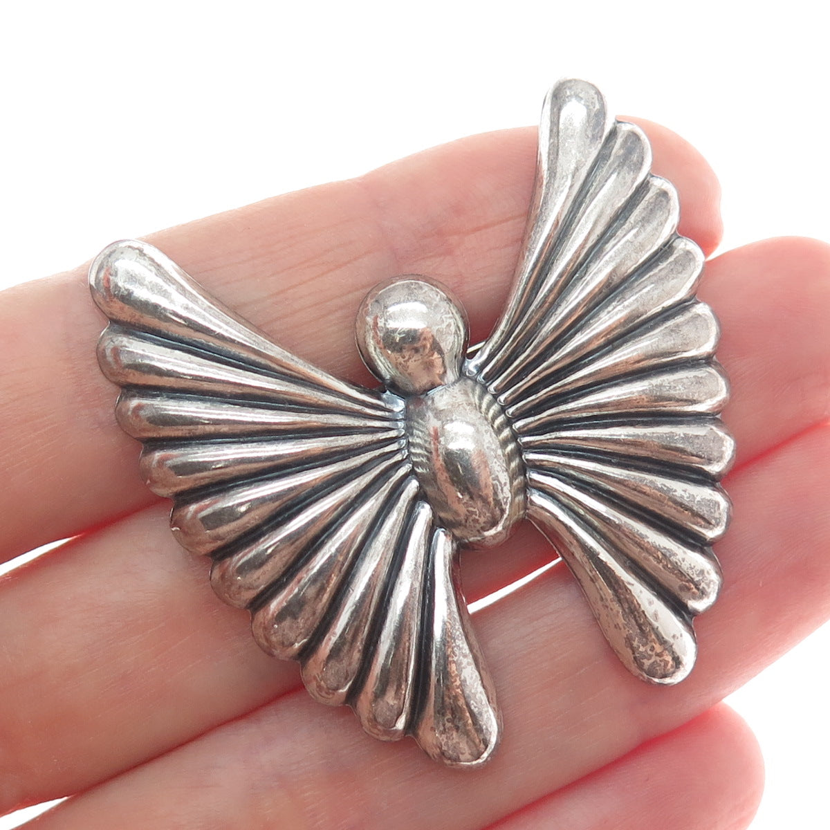 MICHELE 925 Sterling Silver Vintage Butterfly Ribbed Oxidized Pin Brooch
