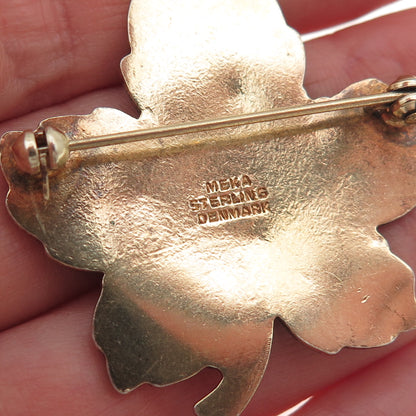 Meka 925 Sterling Silver Gold Plated Vintage Denmark Enamel Floral Pin Brooch