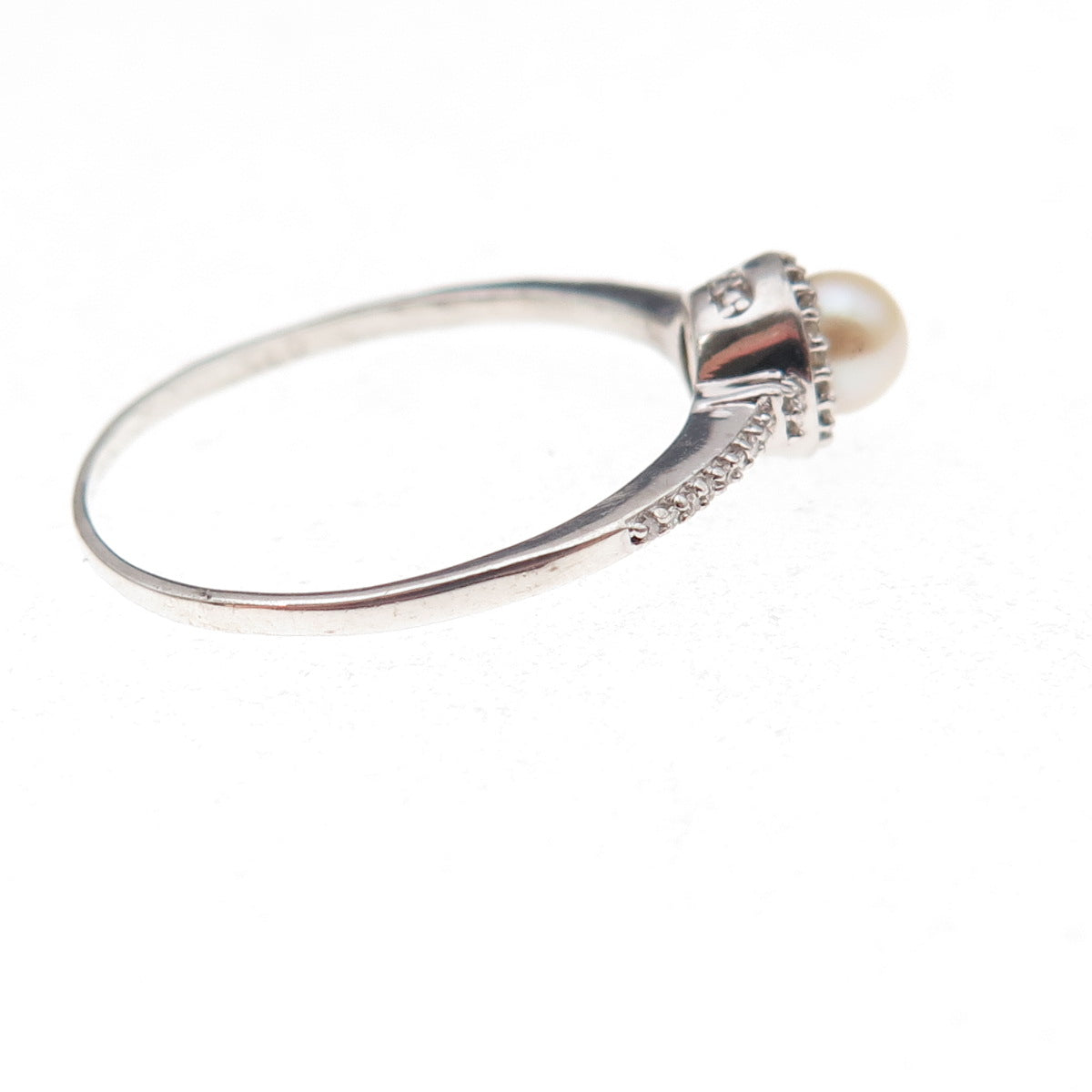 925 Sterling Silver Real Round-Cut Diamond & Pearl Ring Size 8.75