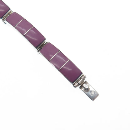 925 Sterling Silver Vintage Mexico Real Sugilite Panel Link Bracelet 6.75"
