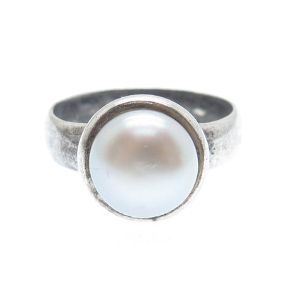 950 Silver Vintage Real Pearl Oxidized Ring Size 6.25