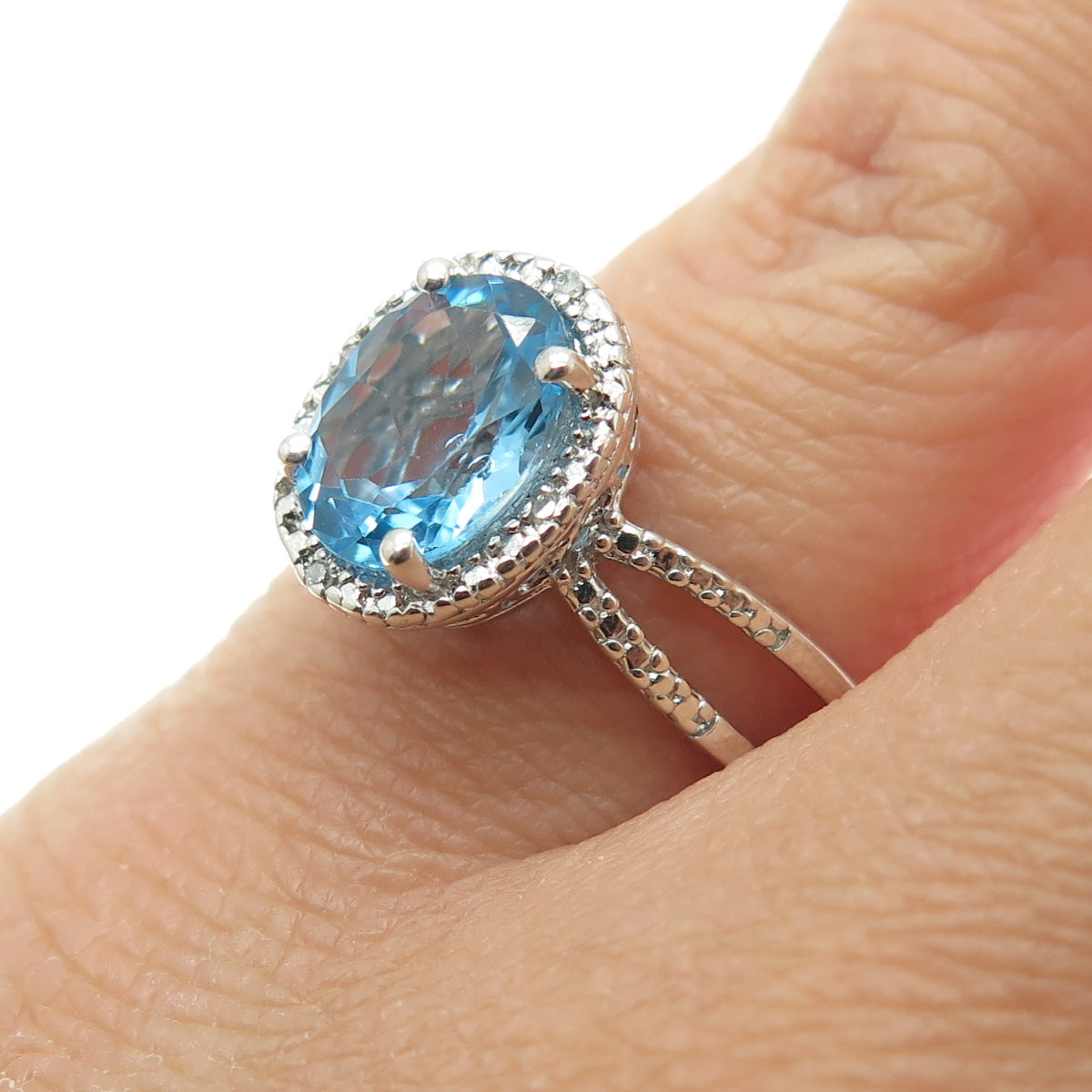 925 Sterling Silver Real White Diamond Accent & Blue Topaz Gem Ring Size 5.75