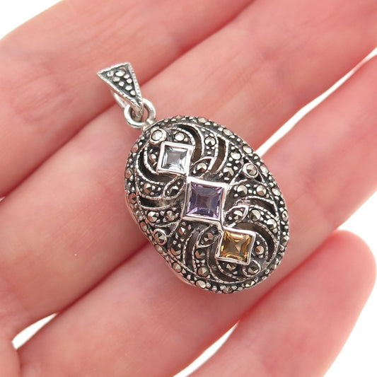 925 Sterling Vintage Real Amethyst Peridot Citrine Marcasite Locket Pendant