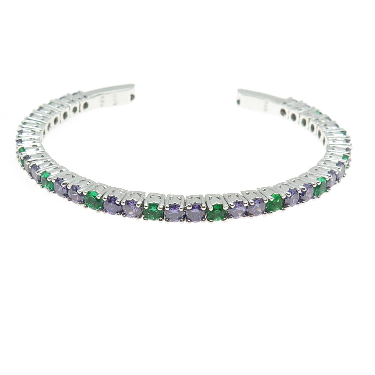 925 Sterling Silver Green & Purple C Z Adjustable Tennis Link Bracelet 6.75"