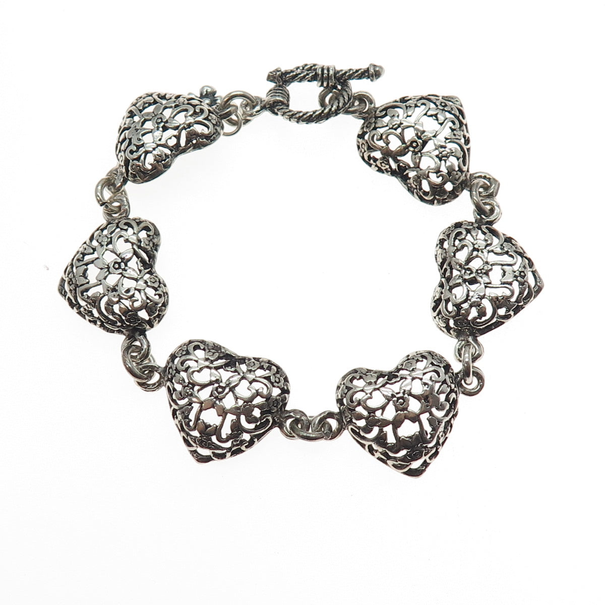 925 Sterling Silver Vintage JRI Ornate Heart Link Oxidized Bracelet 7.25"