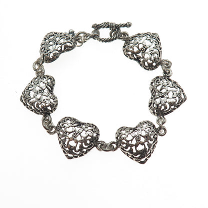 925 Sterling Silver Vintage JRI Ornate Heart Link Oxidized Bracelet 7.25"