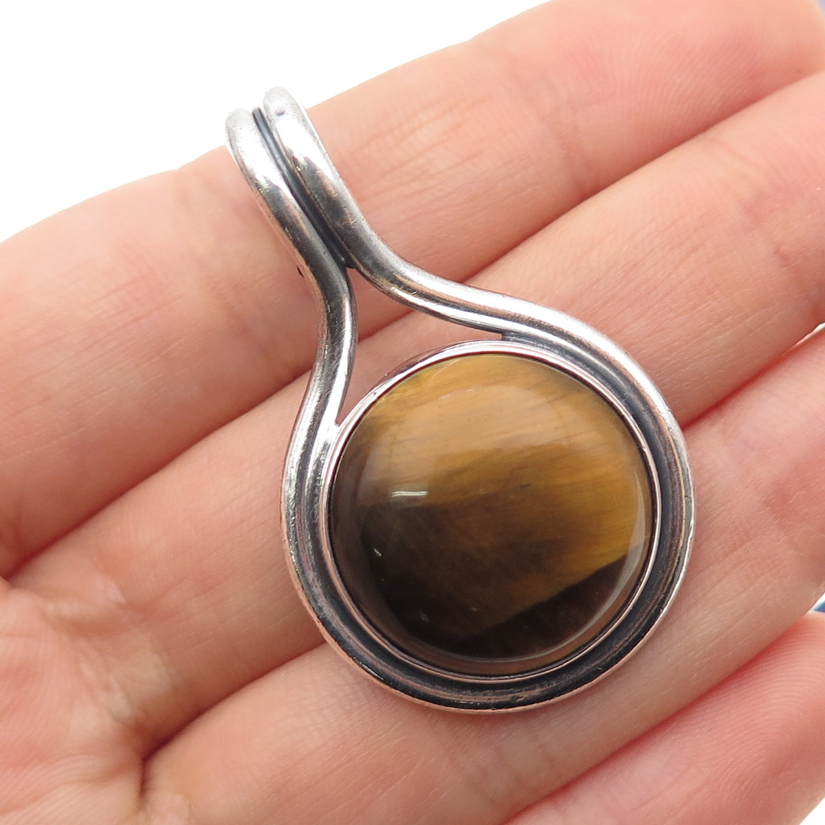 925 Sterling Silver Vintage Mexico Real Tiger Eye Modernist Oxidized Pendant