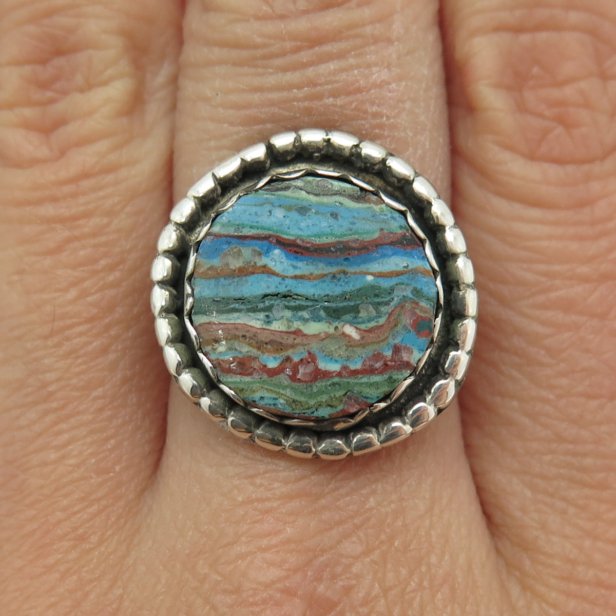 SUNCHILD 925 Sterling Silver Vintage Rainbow Calsilica Modernist Ring Size 7.25