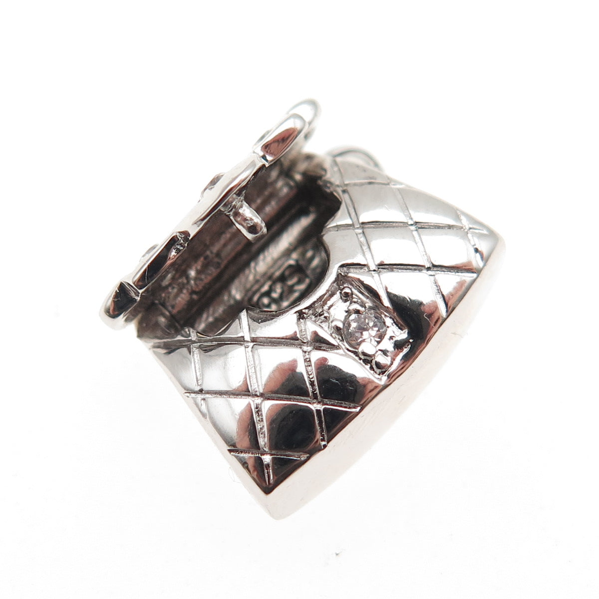 925 Sterling Silver Round-Cut C Z Ladies Purse Locket Charm Pendant
