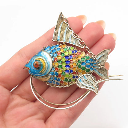 925 Sterling Silver Antique Enamel Chinese Articulated Koi Fish Chatelaine Fob