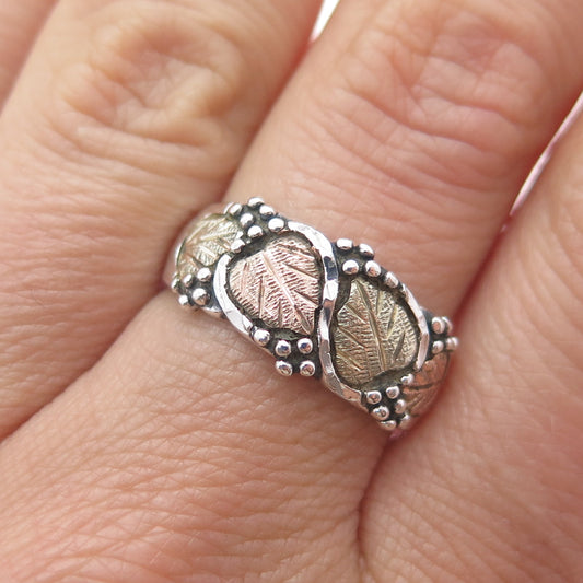 WHEELER MFG 925 Sterling 12K Rose Yellow Gold Vintage Floral Leaf Ring Size 8.25