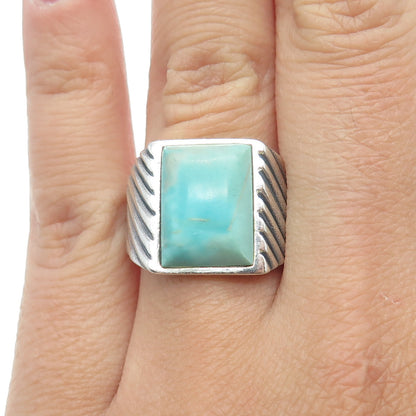 925 Sterling Silver Vintage Real Turquoise Ribbed Statement Ring Size 6.75