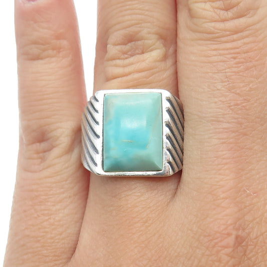 925 Sterling Silver Vintage Real Turquoise Ribbed Statement Ring Size 6.75