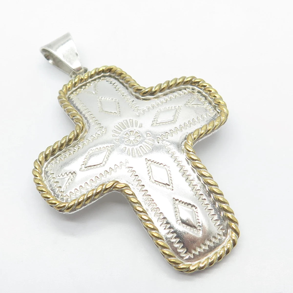 925 Sterling Silver 2-Tone Vintage Carved Ornate Cross Pendant