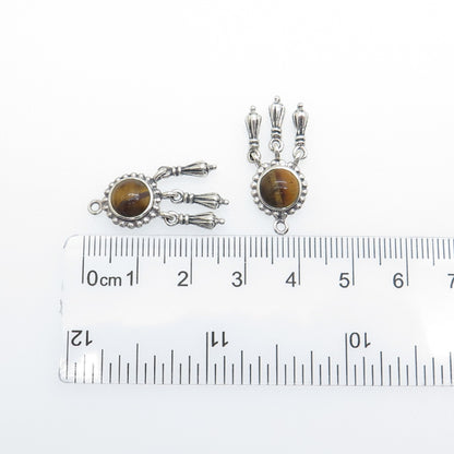 925 Sterling Silver Vintage Real Tiger Eye Modernist Dangle Jacket Earrings