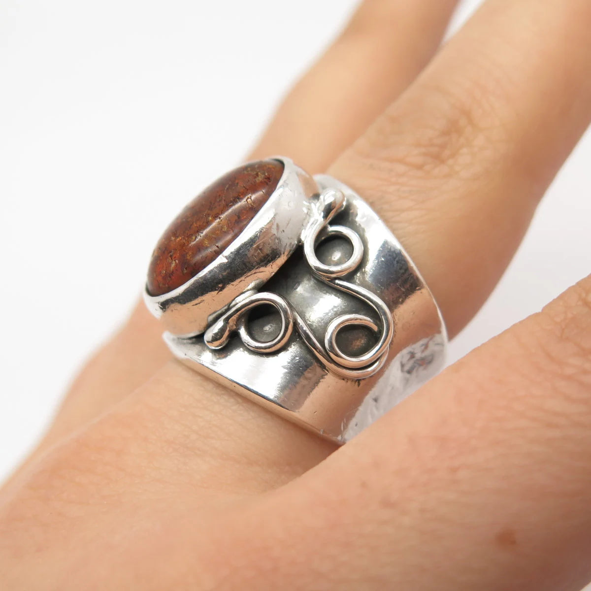 925 Sterling Silver Vintage Real Amber Swirl Ring Size 7.5
