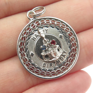 925 Sterling Silver Vintage Rhinestone "Happy Birthday" Cake Charm Pendant