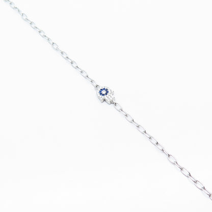 925 Sterling Silver White & Blue C Z Hamsa Rolo Link Bracelet 7.5"