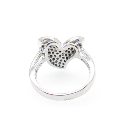 925 Sterling Silver Real Round-Cut Black Spinel Heart Ring Size 5.5