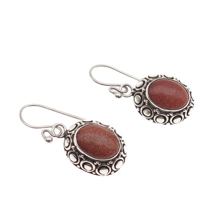 Suarti Bali 925 Sterling Silver Vintage Real Goldstone Dotted Dangle Earrings