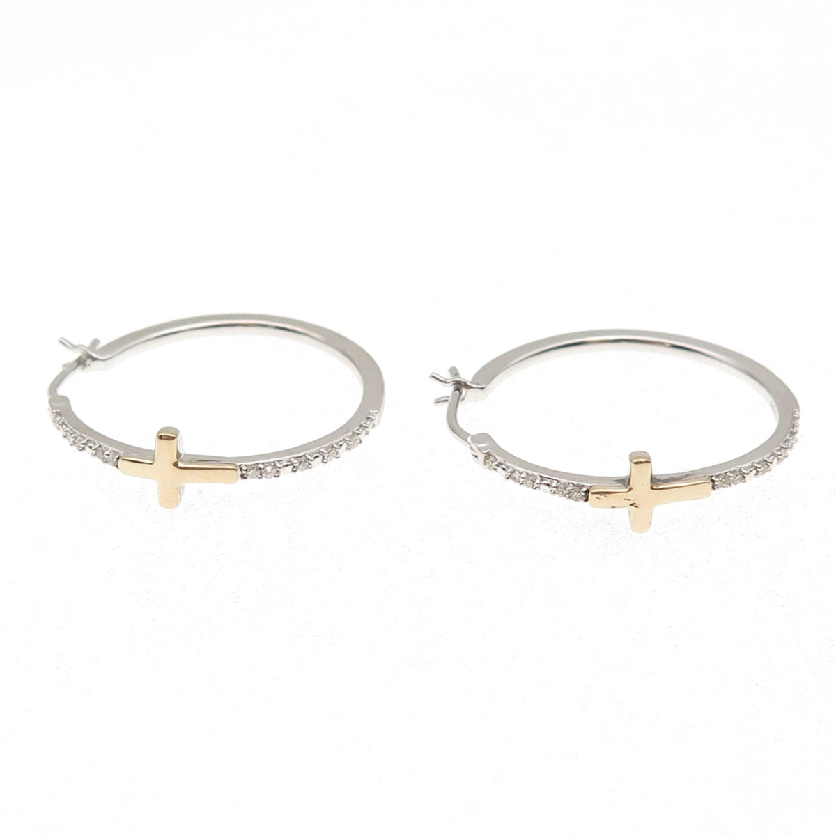 Sun 925 Sterling Silver 10K Gold Real Diamond Cross Hoop Earrings