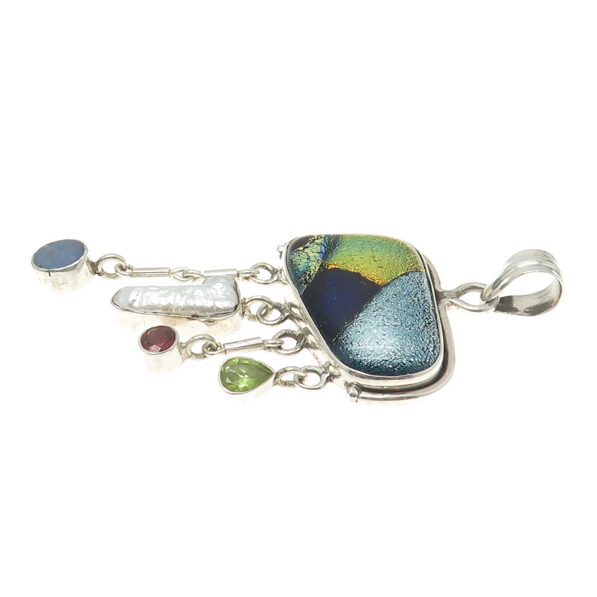 925 Sterling Vintage Dichroic Glass Pearl Garnet Peridot Opal Modernist Pendant