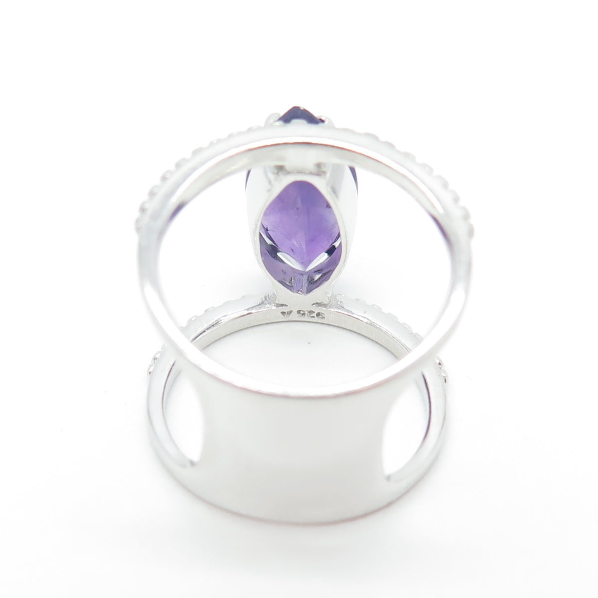 925 Sterling Silver Real Marquise-Cut Amethyst Granulated Ring Size 8.25